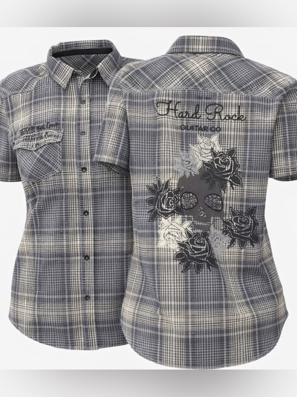 Hard Rock Guitar Company Cafe Plaid Button Up Embroidered Patched Shirt Large L